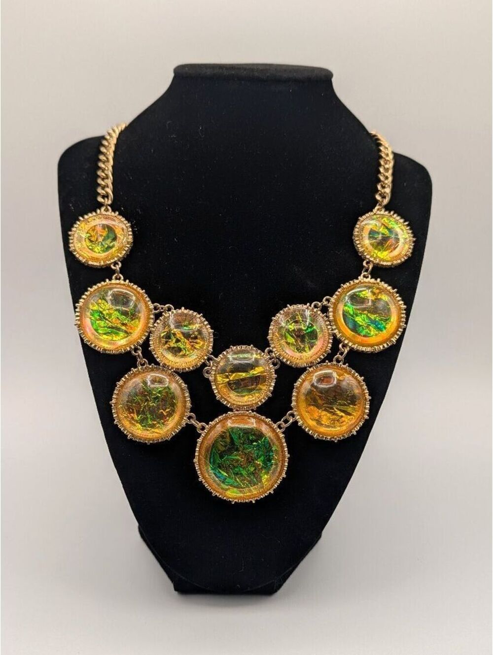 Vintage Iridescent Gold-Tone Statement Necklace and Earrings Set
